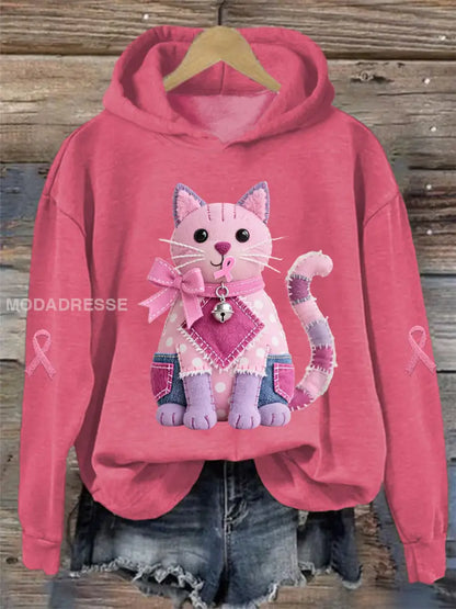 Kvinnors rosa katt Pink Ribbon Bröstcancer medvetenhet Stöd Sweatshirt mörk rosa / S
