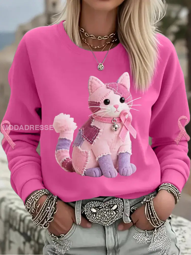 Kvinnors rosa katt Pink Ribbon Bröstcancer medvetenhet Stöd Sweatshirt rosrött / S