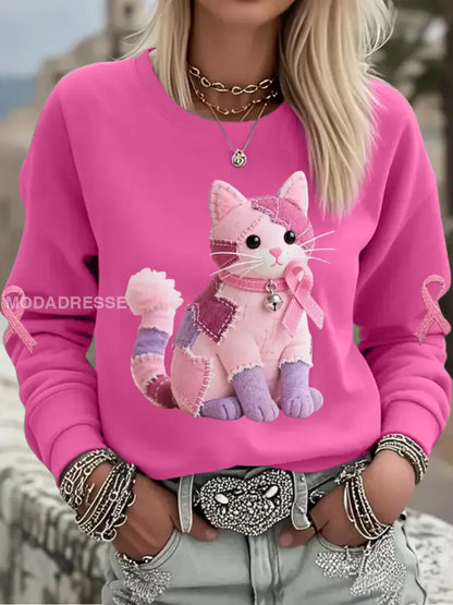 Kvinnors rosa katt Pink Ribbon Bröstcancer medvetenhet Stöd Sweatshirt rosrött / S