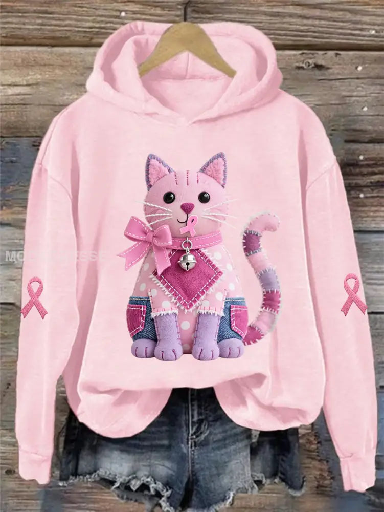 Kvinnors rosa katt Pink Ribbon Bröstcancer medvetenhet Stöd Sweatshirt runt / S