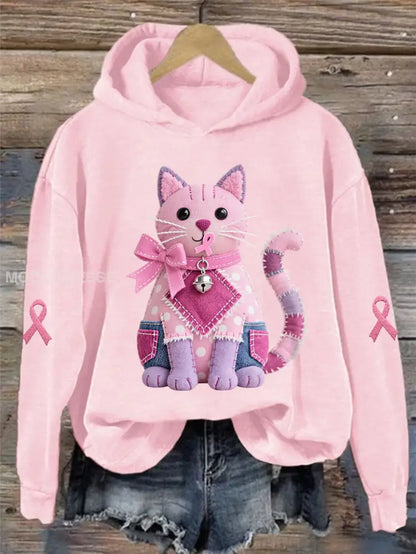 Kvinnors rosa katt Pink Ribbon Bröstcancer medvetenhet Stöd Sweatshirt runt / S