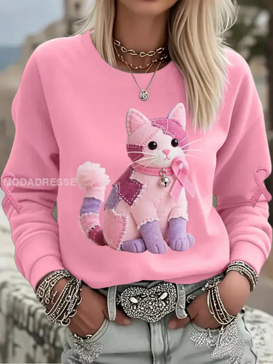 Kvinnors rosa katt Pink Ribbon Bröstcancer medvetenhet Stöd Sweatshirt runt / S