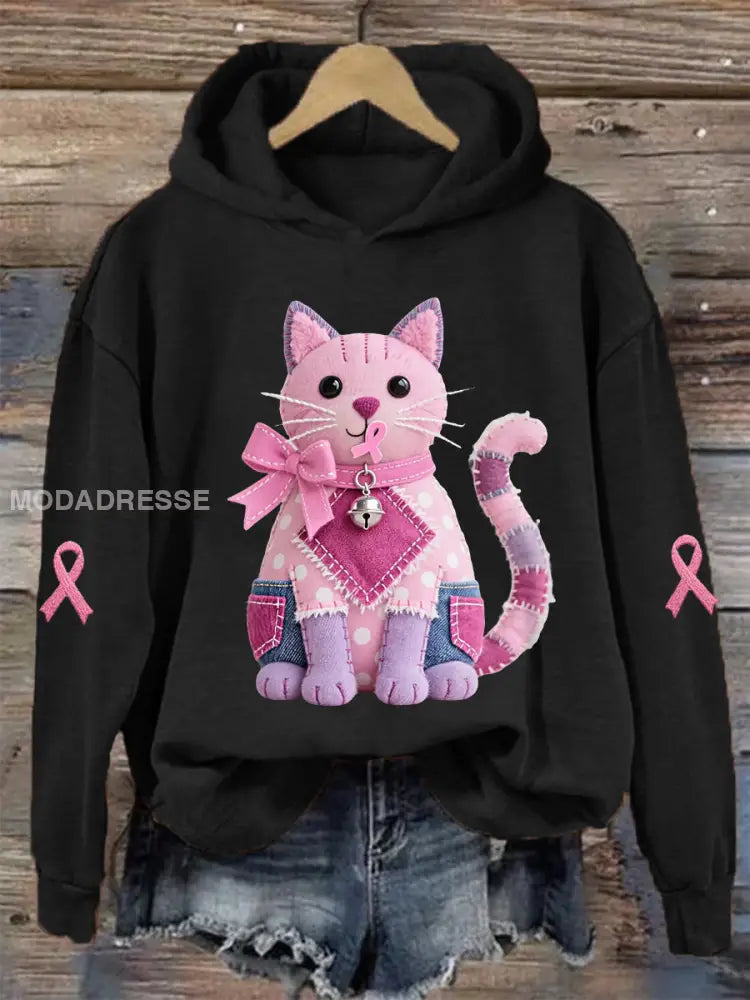 Kvinnors rosa katt Pink Ribbon Bröstcancer medvetenhet Stöd Sweatshirt svart / S