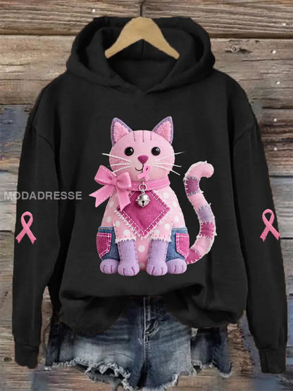 Kvinnors rosa katt Pink Ribbon Bröstcancer medvetenhet Stöd Sweatshirt svart / S