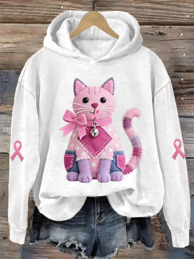 Kvinnors rosa katt Pink Ribbon Bröstcancer medvetenhet Stöd Sweatshirt vit / S