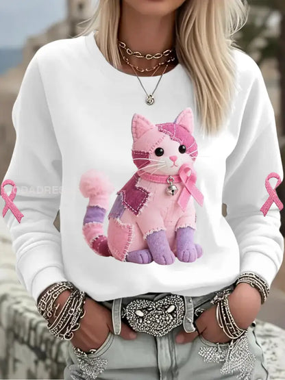 Kvinnors rosa katt Pink Ribbon Bröstcancer medvetenhet Stöd Sweatshirt vitt / S