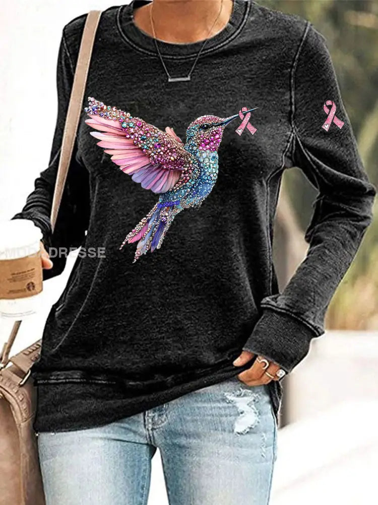 Kvinnors rosa kolibri Print Casual Sweatshirt svart / S