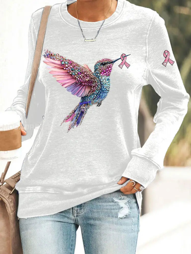 Kvinnors rosa kolibri Print Casual Sweatshirt vit / S