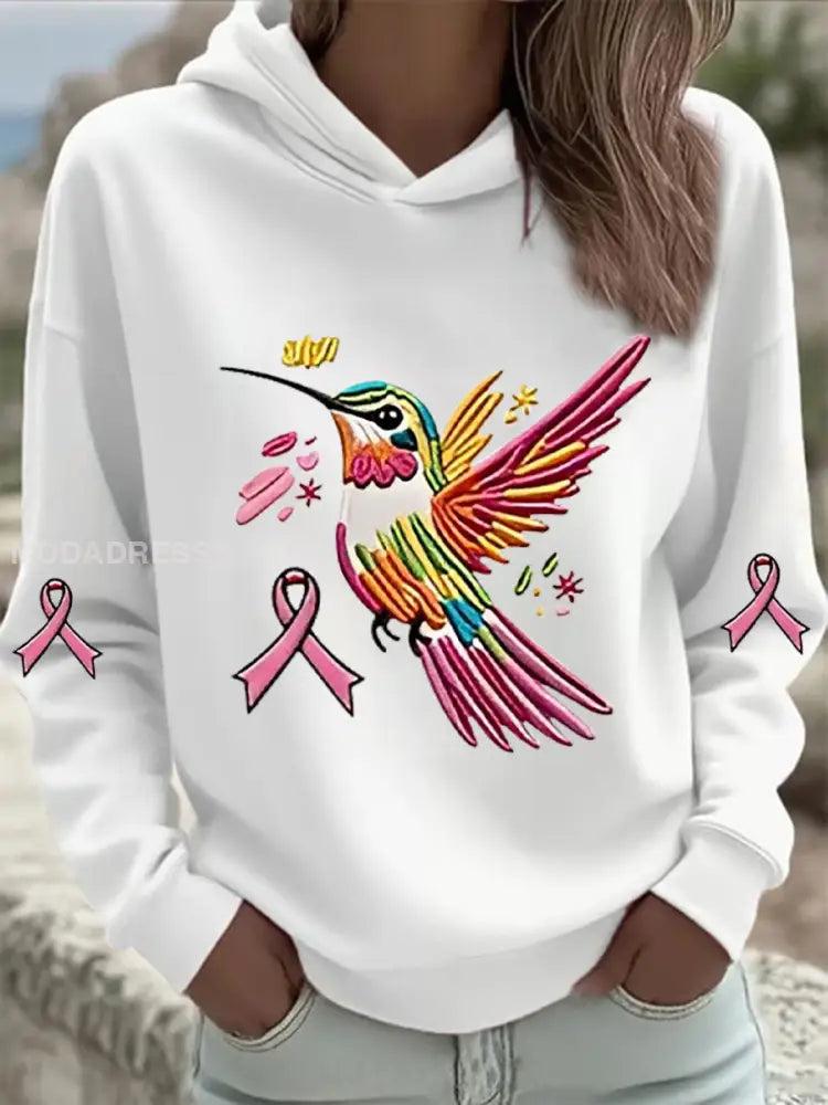 Kvinnors rosa kolibri Print Hoodie Print vit / S