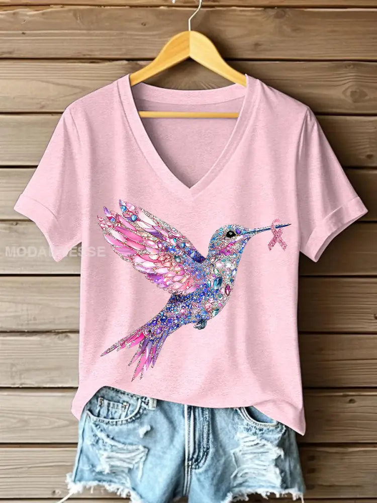 Kvinnors rosa kolibri Print T shirt ljus rosa / S