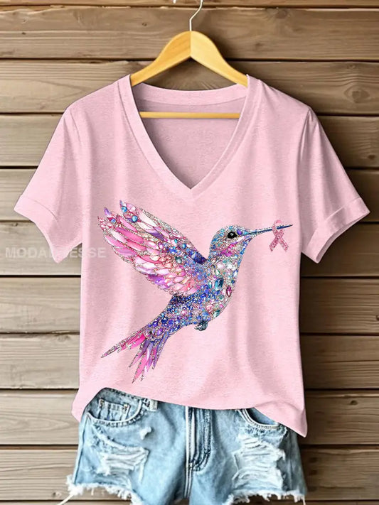 Kvinnors rosa kolibri Print T shirt ljus rosa / S