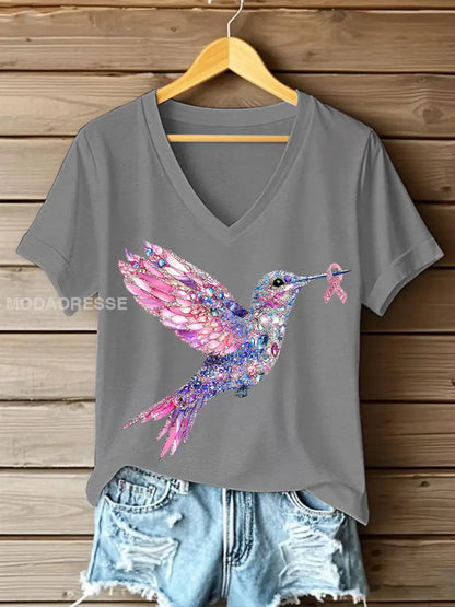 Kvinnors rosa kolibri Print T shirt ljusgrå. / S