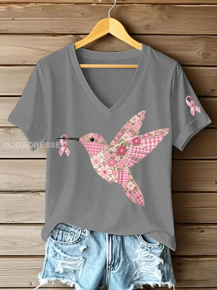 Kvinnors rosa kolibri Print T shirt ljusgrå. / S