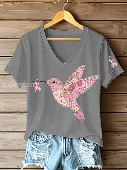 Kvinnors rosa kolibri Print T shirt ljusgrå. / S