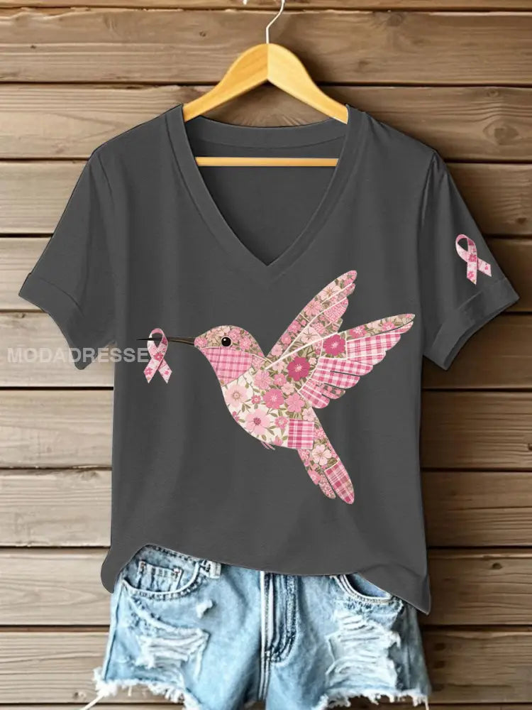 Kvinnors rosa kolibri Print T shirt mörk grå / S