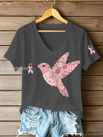 Kvinnors rosa kolibri Print T shirt mörk grå / S