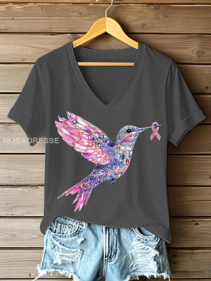 Kvinnors rosa kolibri Print T shirt mörk grå / S