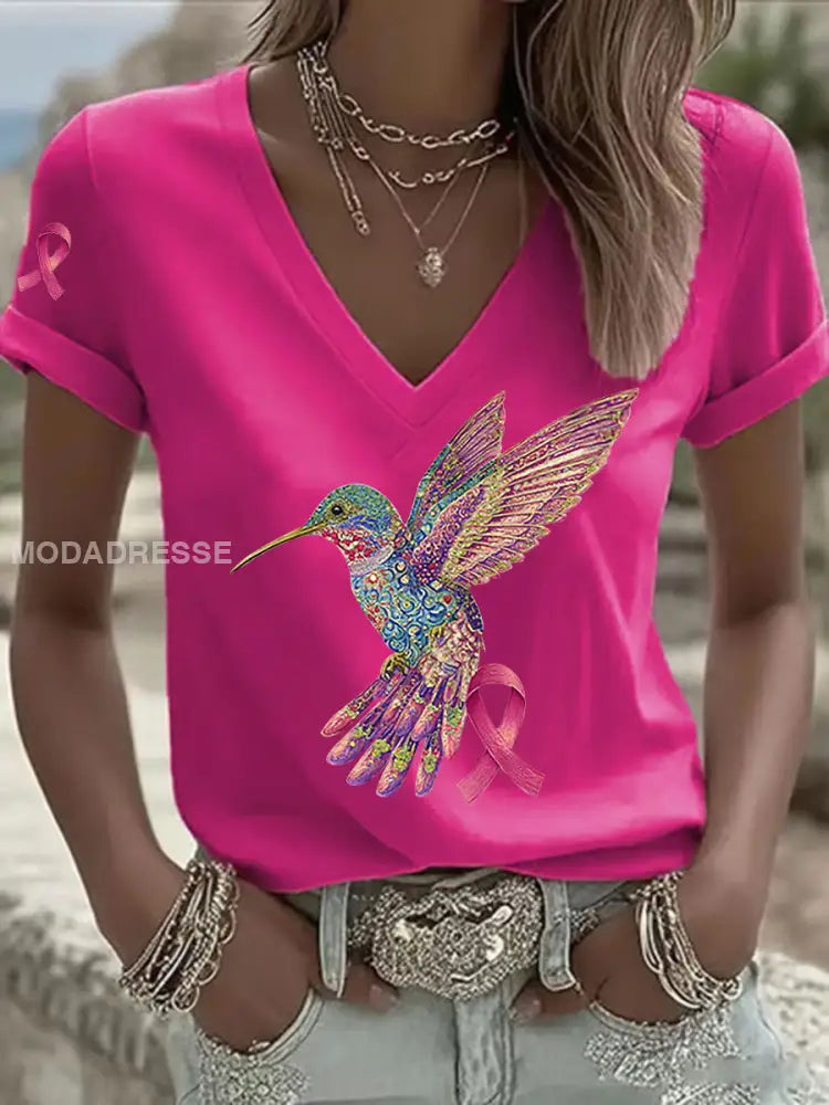 Kvinnors rosa kolibri Print T shirt rosröd / S