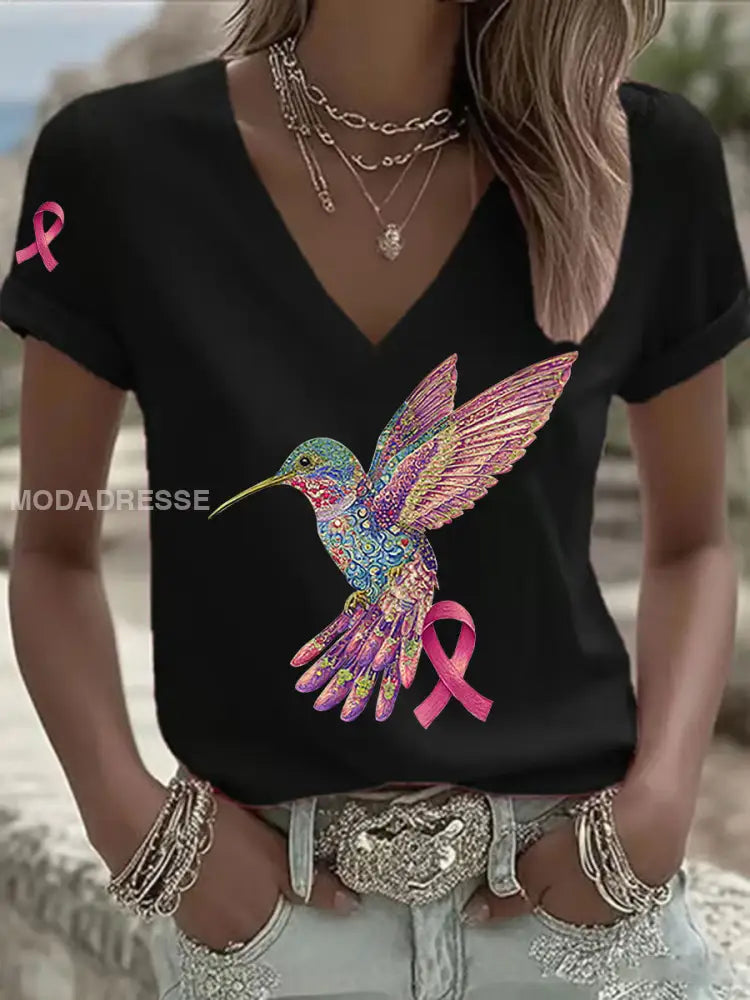 Kvinnors rosa kolibri Print T shirt svart / S