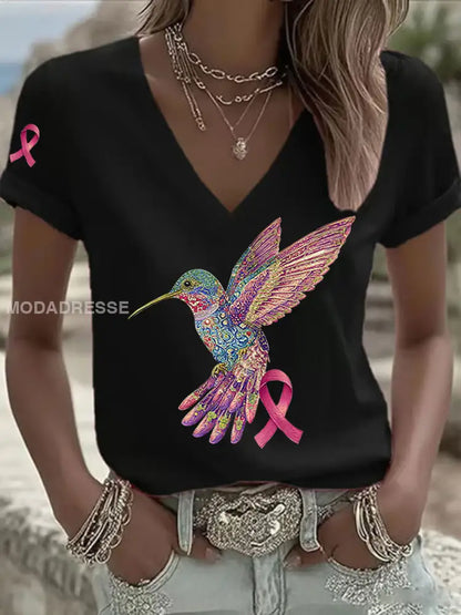 Kvinnors rosa kolibri Print T shirt svart / S