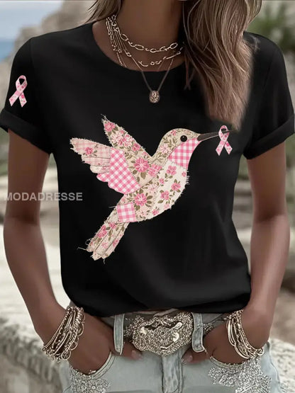 Kvinnors rosa kolibri Print T shirt svart / S