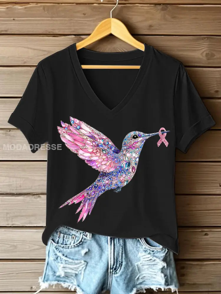 Kvinnors rosa kolibri Print T shirt svart / S