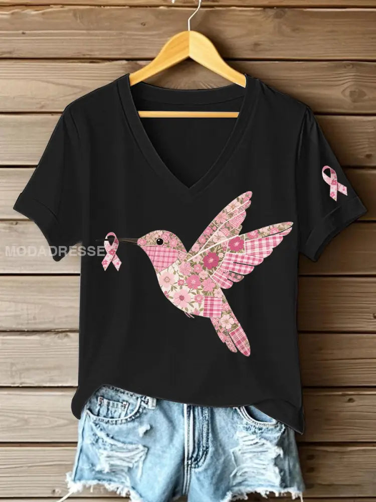 Kvinnors rosa kolibri Print T shirt svart / S