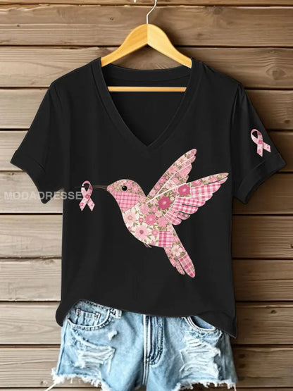 Kvinnors rosa kolibri Print T shirt svart / S