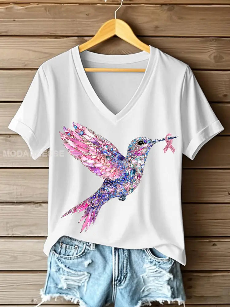 Kvinnors rosa kolibri Print T shirt vit / S