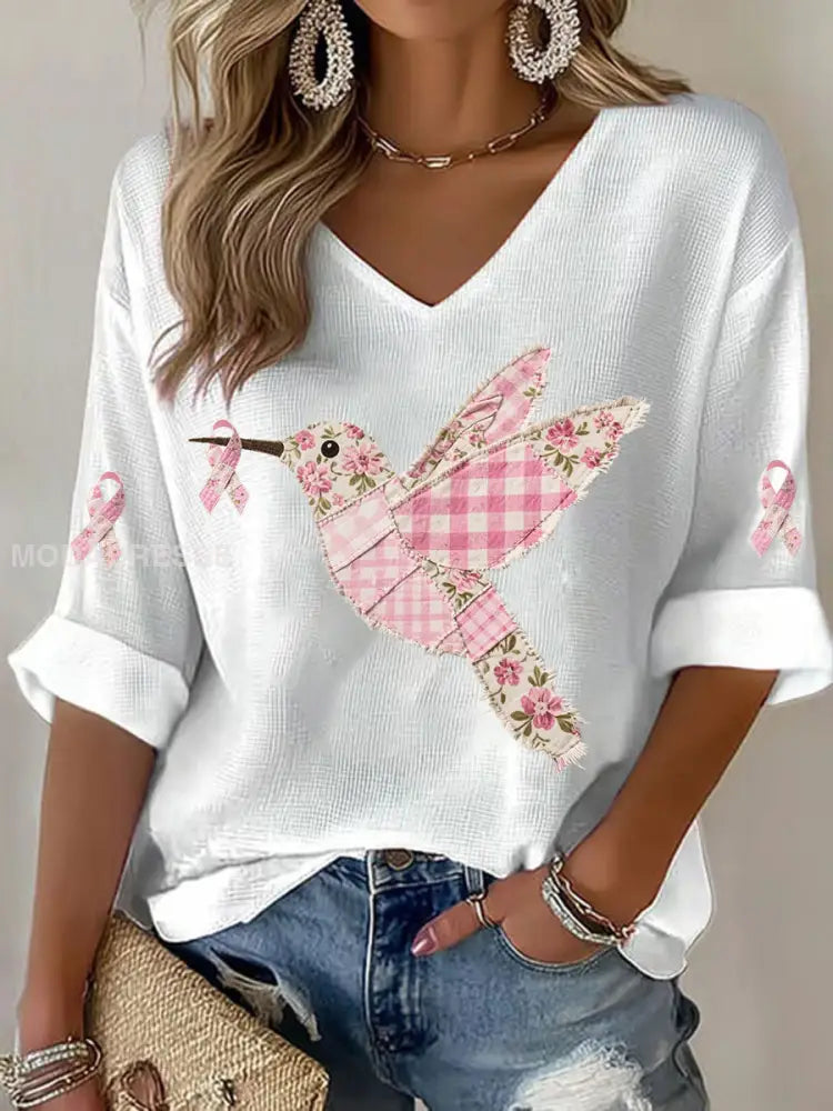 Kvinnors rosa kolibri Print T shirt vit / S