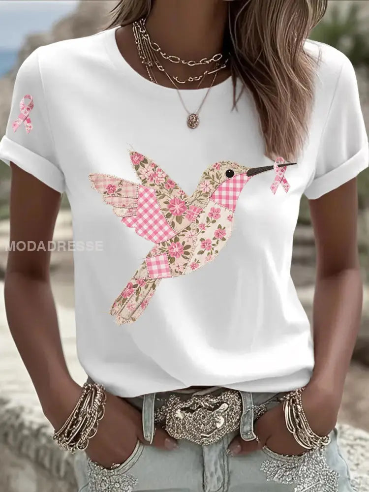 Kvinnors rosa kolibri Print T shirt vit / S