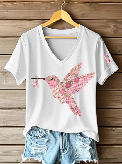 Kvinnors rosa kolibri Print T shirt vit / S
