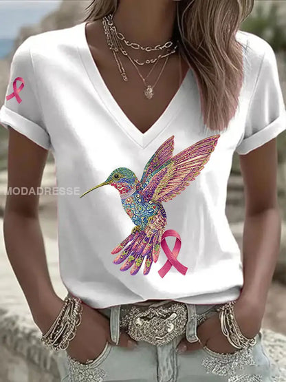 Kvinnors rosa kolibri Print T shirt vit / S