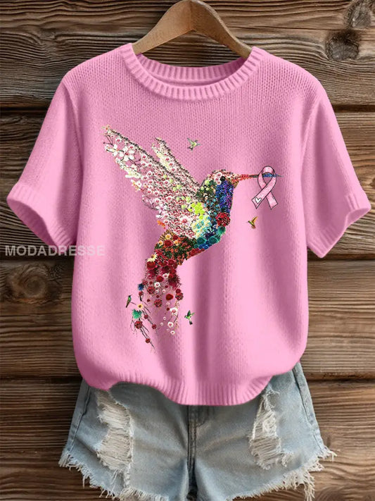 Kvinnors rosa kolibri utskrift Visa Casual T-shirt runk / S