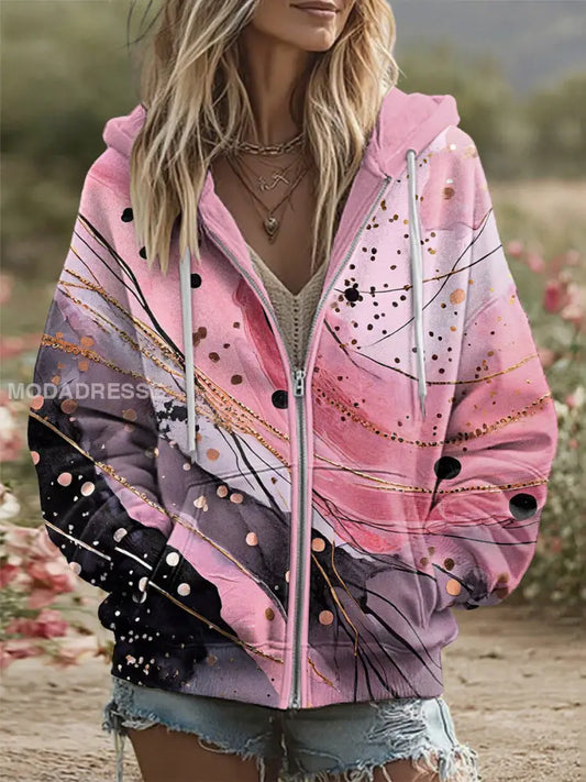 Kvinnors rosa konst Skriv ut Casual Bekväm lång ärm ytterkläde runk / S