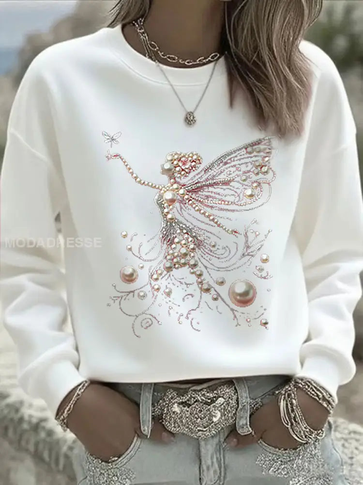 Kvinnors rosa pärla Print Casual Sweatshirt vit / S