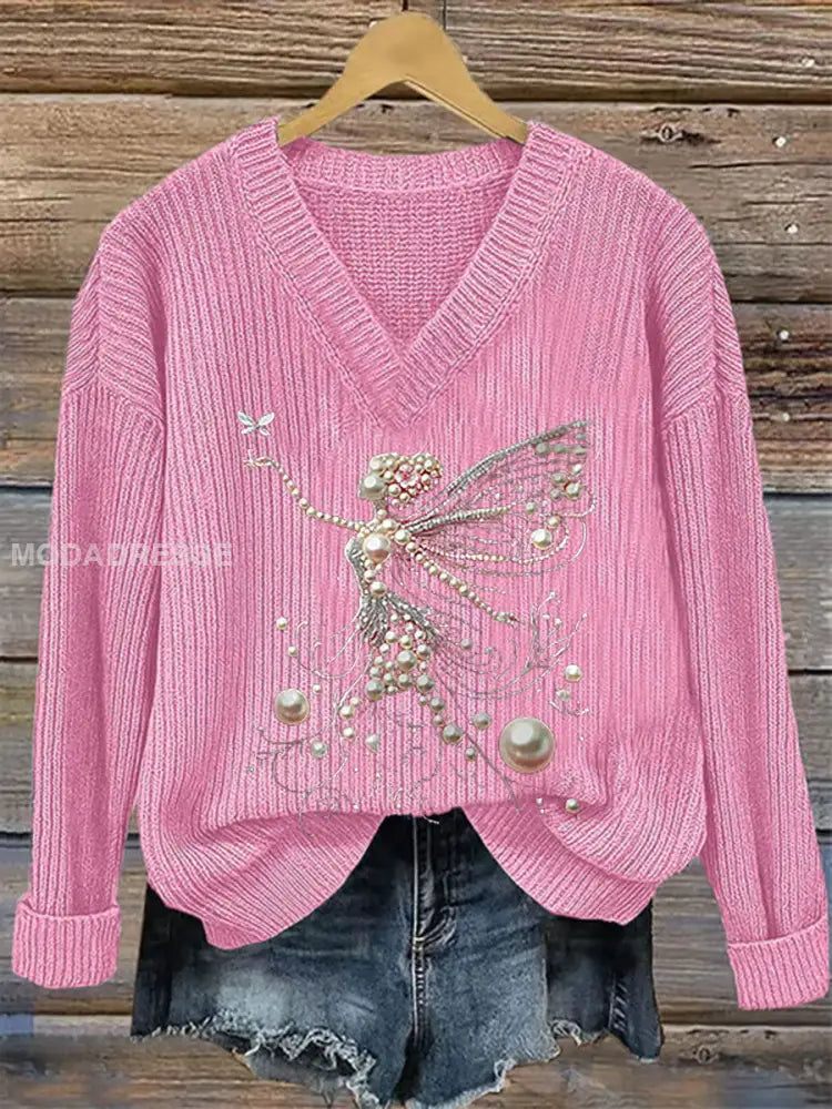 Kvinnors rosa pärla Print Casual Topp runt / S