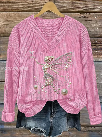 Kvinnors rosa pärla Print Casual Topp runt / S