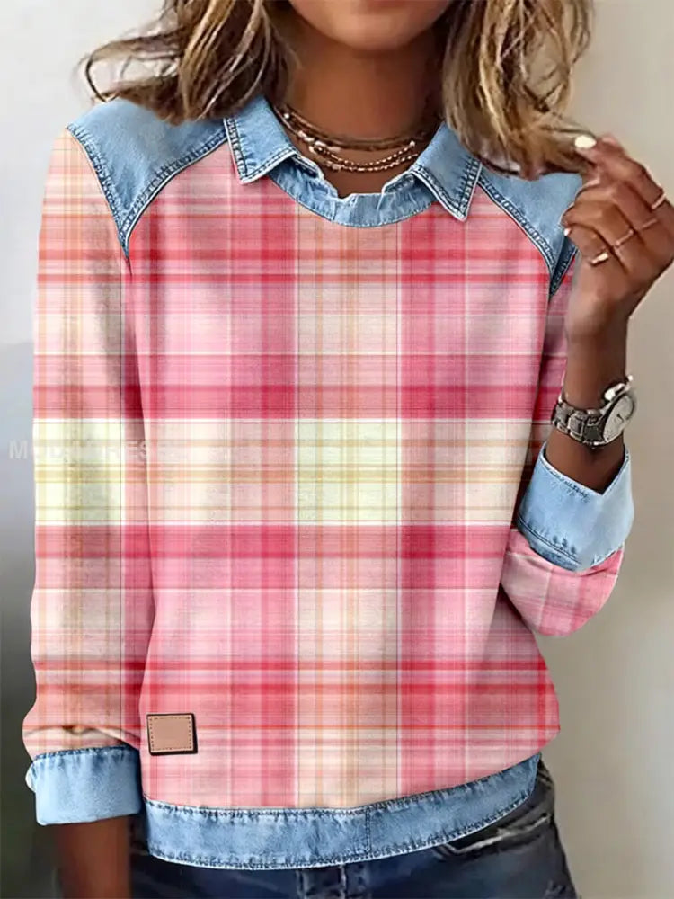 Kvinnors rosa plaid mönster mönster konst Sweatshirt som bild / S
