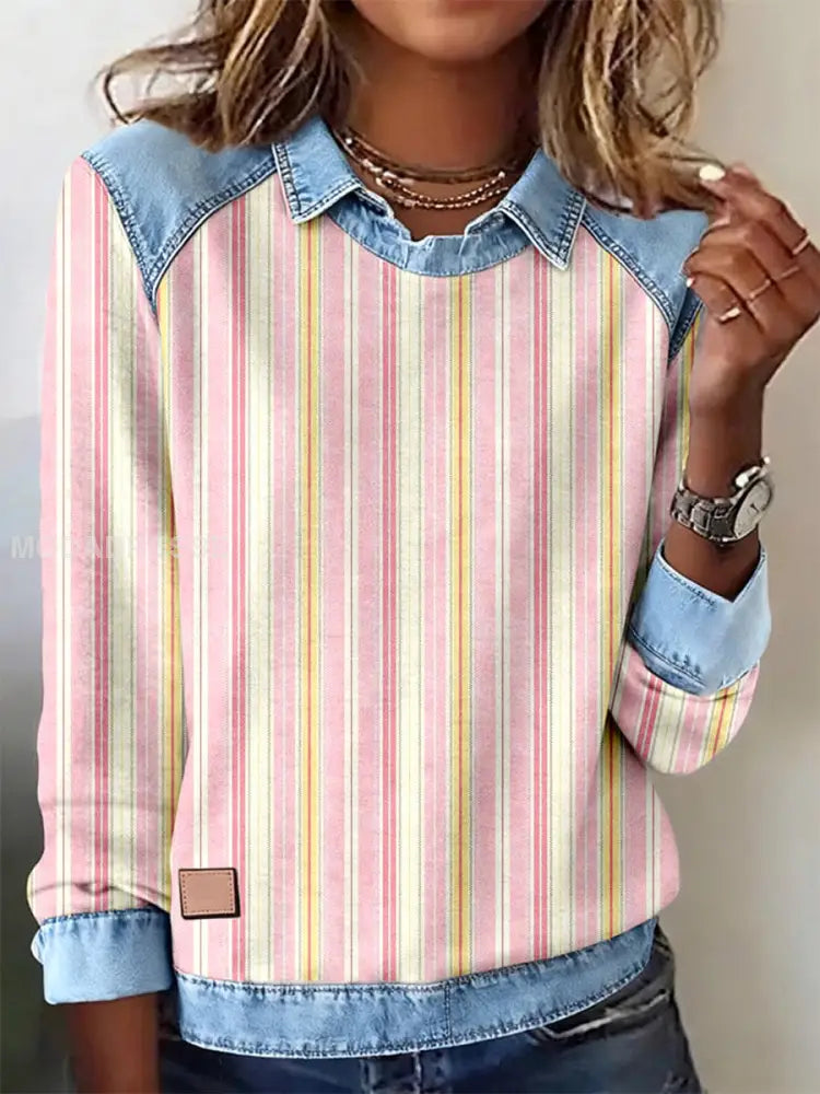 Kvinnors rosa randiga mönster mönster mönster konst Sweatshirt som bild / S