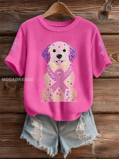 Kvinnors rosa Rhinestone Hund Pink Ribbon Print Bröstcancer medvetenhet Support Tee rosrött / S