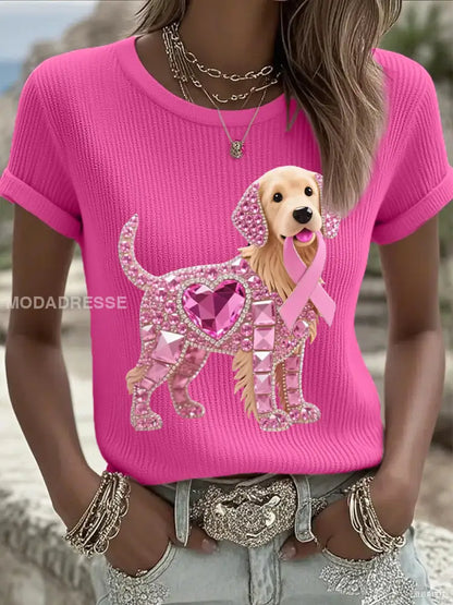 Kvinnors rosa Rhinestone Hund Pink Ribbon Print Bröstcancer medvetenhet Support Tee rosrött / S