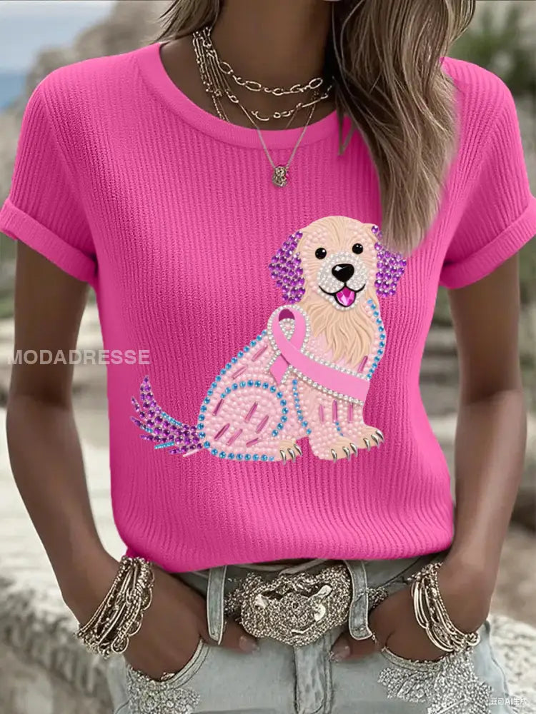 Kvinnors rosa Rhinestone Hund Pink Ribbon Print Bröstcancer medvetenhet Support Tee rosrött / S