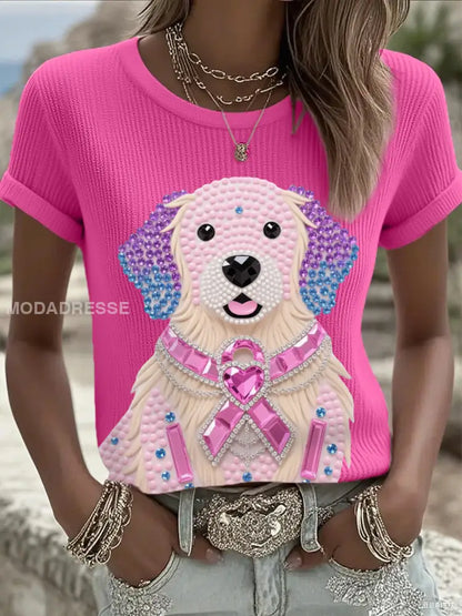 Kvinnors rosa Rhinestone Hund Pink Ribbon Print Bröstcancer medvetenhet Support Tee rosrött / S