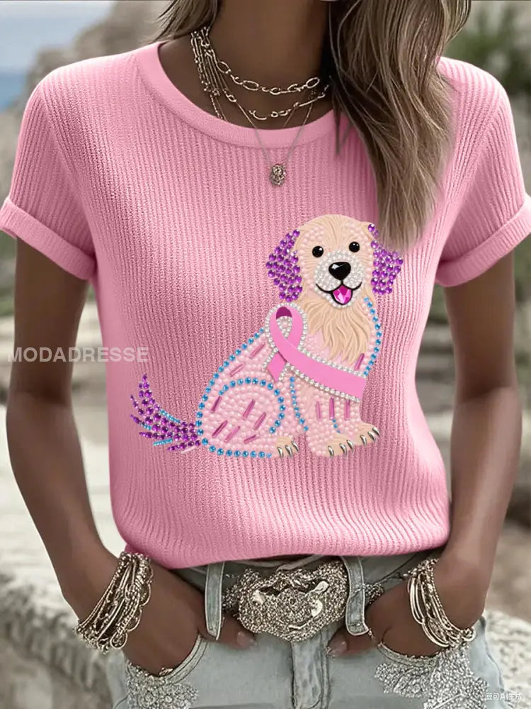 Kvinnors rosa Rhinestone Hund Pink Ribbon Print Bröstcancer medvetenhet Support Tee runt / S
