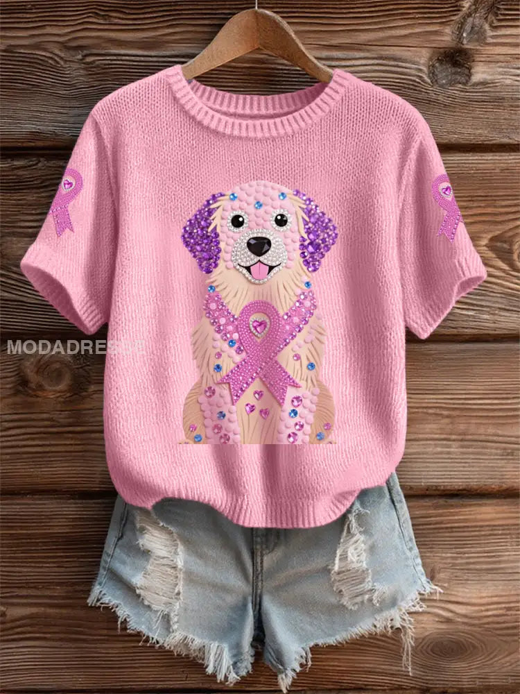 Kvinnors rosa Rhinestone Hund Pink Ribbon Print Bröstcancer medvetenhet Support Tee runt / S