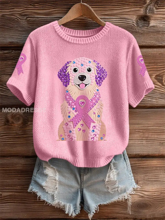 Kvinnors rosa Rhinestone Hund Pink Ribbon Print Bröstcancer medvetenhet Support Tee runt / S