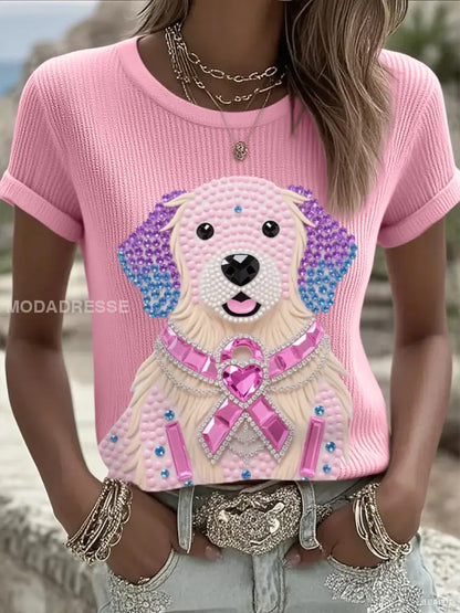 Kvinnors rosa Rhinestone Hund Pink Ribbon Print Bröstcancer medvetenhet Support Tee runt / S