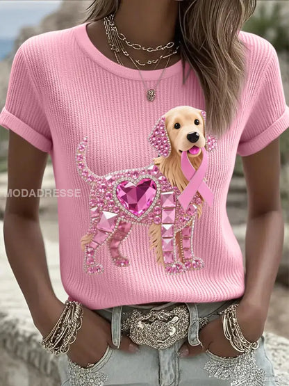 Kvinnors rosa Rhinestone Hund Pink Ribbon Print Bröstcancer medvetenhet Support Tee runt / S
