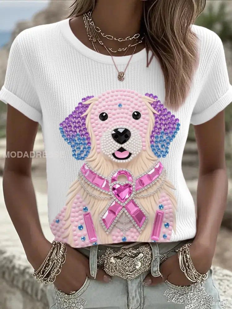 Kvinnors rosa Rhinestone Hund Pink Ribbon Print Bröstcancer medvetenhet Support Tee vitt / S